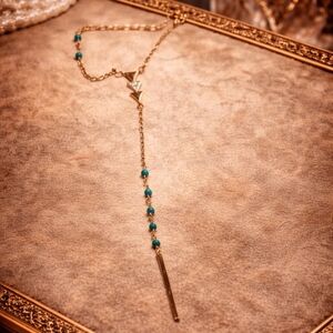 PANACEA Gold Tone and Genuine Stone Blue Beaded Laryat Necklace New